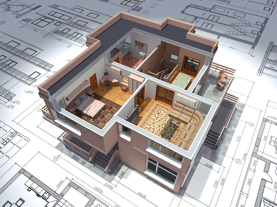 3D view of the cut residential house on architect drawing.